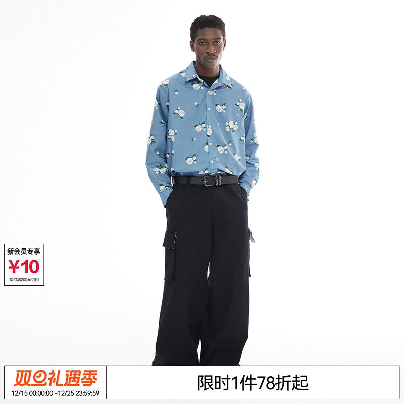 EMPTY REFERENCE 美式复古原创玫瑰印花蓝色休闲衬衣百搭长袖衬衫