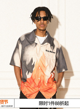 付航 杨桐EMPTY REFERENCE美式复古火焰灰烬短袖衬衫宽松休闲衬衣