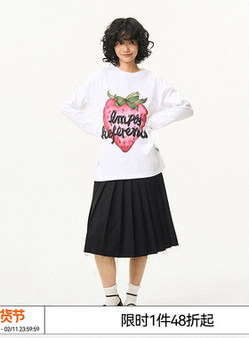 特惠6折起 EMPTY REFERENCE原创水彩草莓圆领上衣长袖T恤打底衫