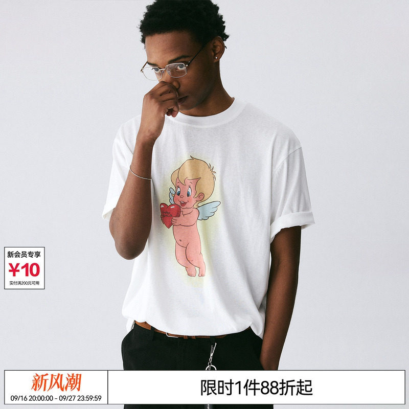 EMPTY REFERENCE白色雪花肌理手绘卡通天使印花打底衫凉感短袖T恤图片