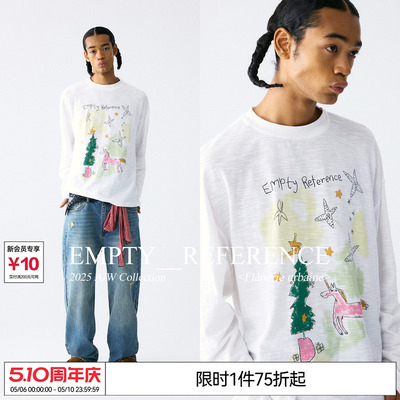 陈奕恒EMPTY REFERENCE纯棉竹节小马与圣诞树印花上衣打底长袖T恤