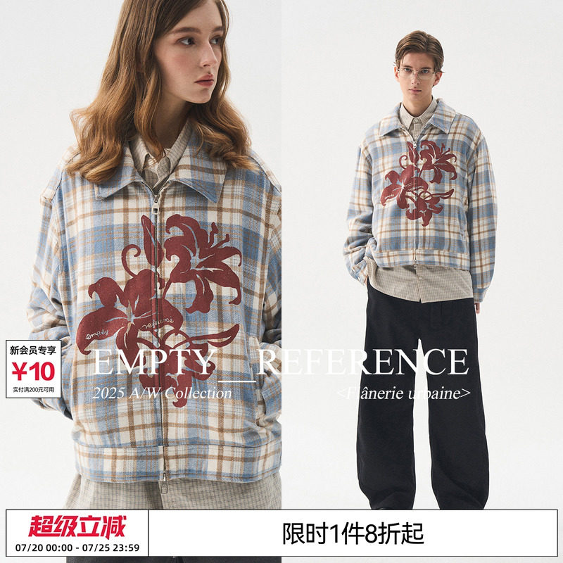EMPTY REFERENCE 蓝棕格纹毛呢花朵印花宽松休闲拉链翻领夹克外套