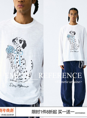 EMPTY REFERENCE玫瑰与斑点狗竹节棉手绘印花打底上衣纯棉长袖T恤