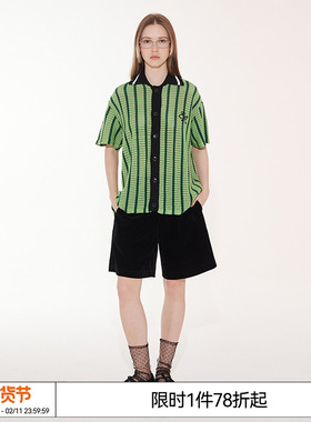 EMPTY REFERENCE 美式复古镂空质感翻领度假编织拼色条纹短袖衬衫