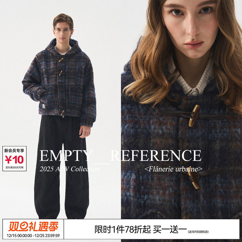EMPTYREFERENCE蓝棕格纹连帽毛呢外套牛角扣重磅充棉格子夹克棉衣