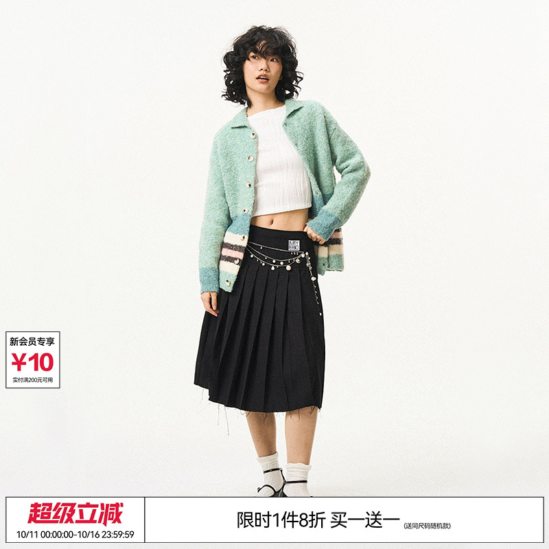 何广智 石凯 EMPTYREFERENCE 美式绿色条纹羊毛圈针织开衫外套