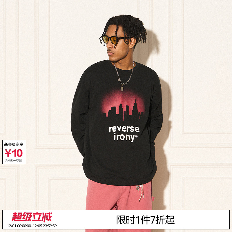 REVERSE IRONY 原创红色城市天际线剪影长袖tee百搭潮流情侣T恤