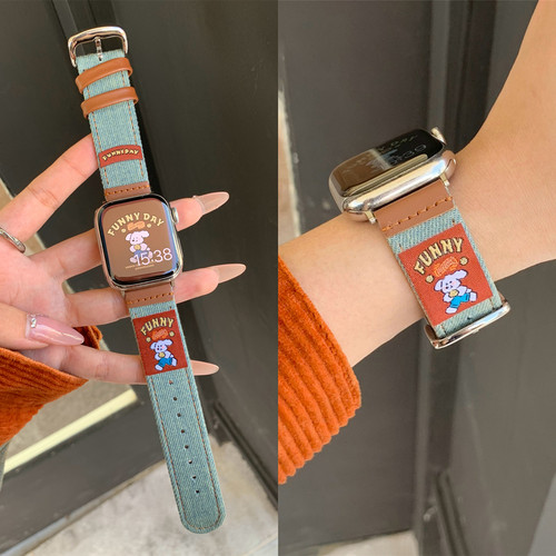 适用iwatch可爱卡通牛仔拼皮表带