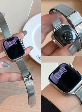适用苹果手表s11代iwatch猫眼不锈钢金属卡扣表带applewatch987se