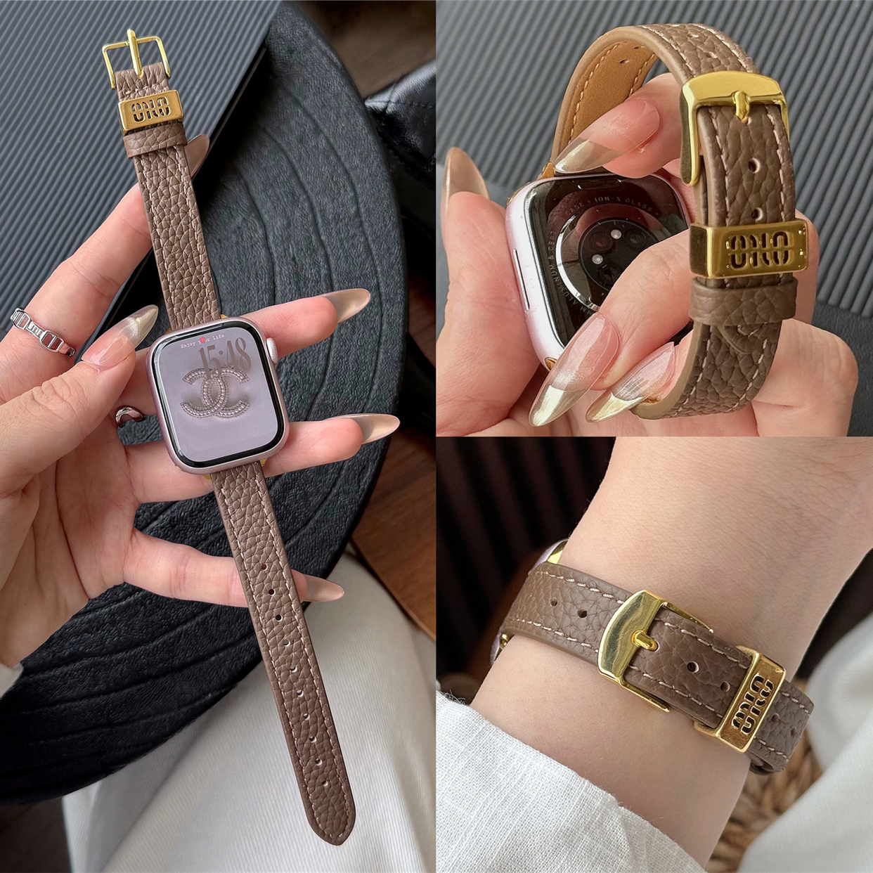 适用苹果手表s10代iwatch细款金属扣荔枝纹真皮表带applewatch9se