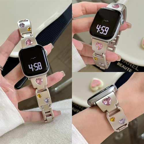 适用iwatch爱心彩钻金属手镯表带