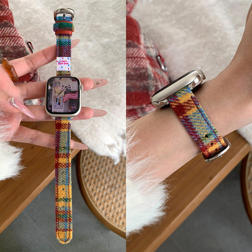 适用iwatch秋冬细款毛呢格纹表带