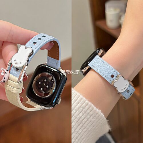 适用iwatch细款小兔扣拼色皮表带
