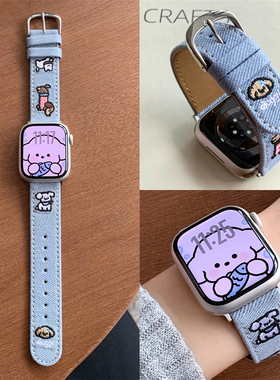 适用苹果手表s11代iwatch可爱小狗牛仔刺绣表带applewatch98765se