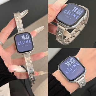 适用苹果手表s11代iwatch花朵细钻手镯金属表带applewatch98765se