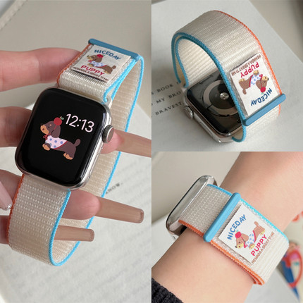 适用苹果手表s10代iwatch可爱腊肠狗尼龙回环表带applewatch987se
