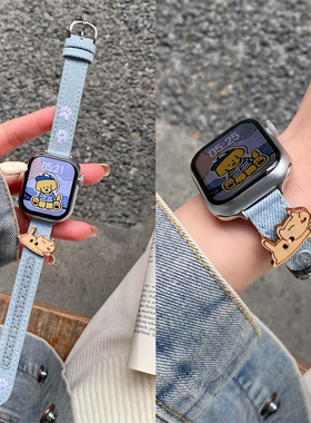 适用苹果手表s11代iwatch细款猫咪牛仔刺绣表带applewatch98765se