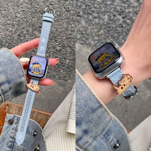适用iwatch细款猫咪牛仔刺绣表带