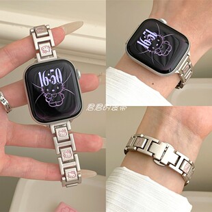 适用苹果手表s11代iwatch细款 KT猫滴油蝴蝶扣金属表带applewatch9