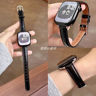 适用苹果手表s11代iwatch细款 疯马真皮表带applewatch9se 简约修身