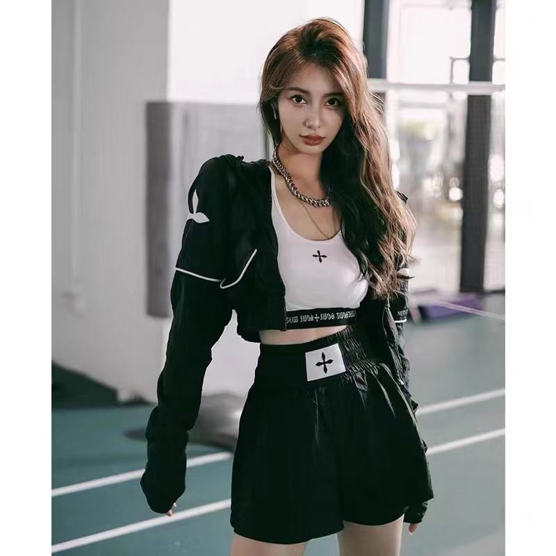 2023夏季新款女装休闲运动黑色卫衣短裤网红炸街短款百搭套装