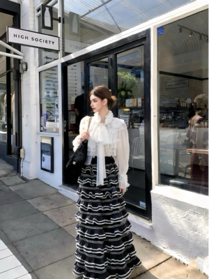 MSTO BALLET 黑白绮梦 早春高支雪纺白色衬衫+层叠蛋糕裙法式千金