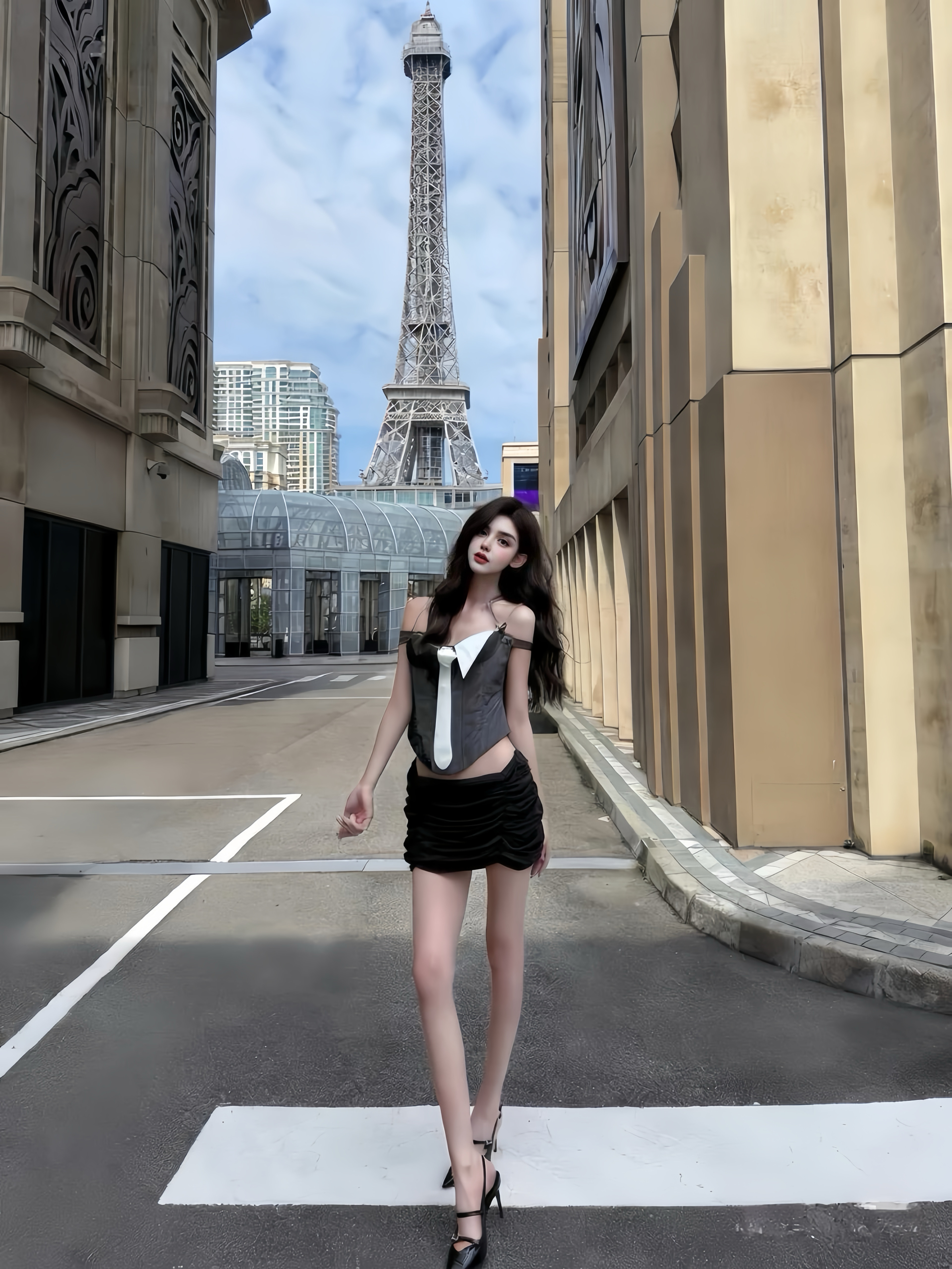 MSTO BALLET 摩登拽姐 春季新款撞色领带吊带+高腰褶皱短裙街套装