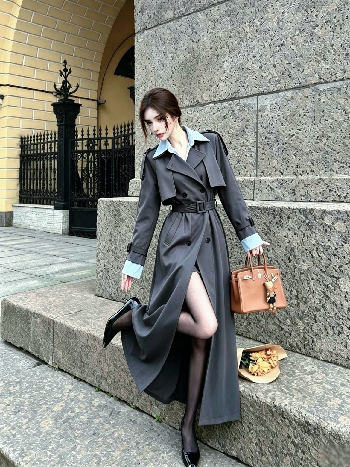 MSTO 江境名媛·美式复古灰色风衣外套女秋冬新款高级感显瘦大衣