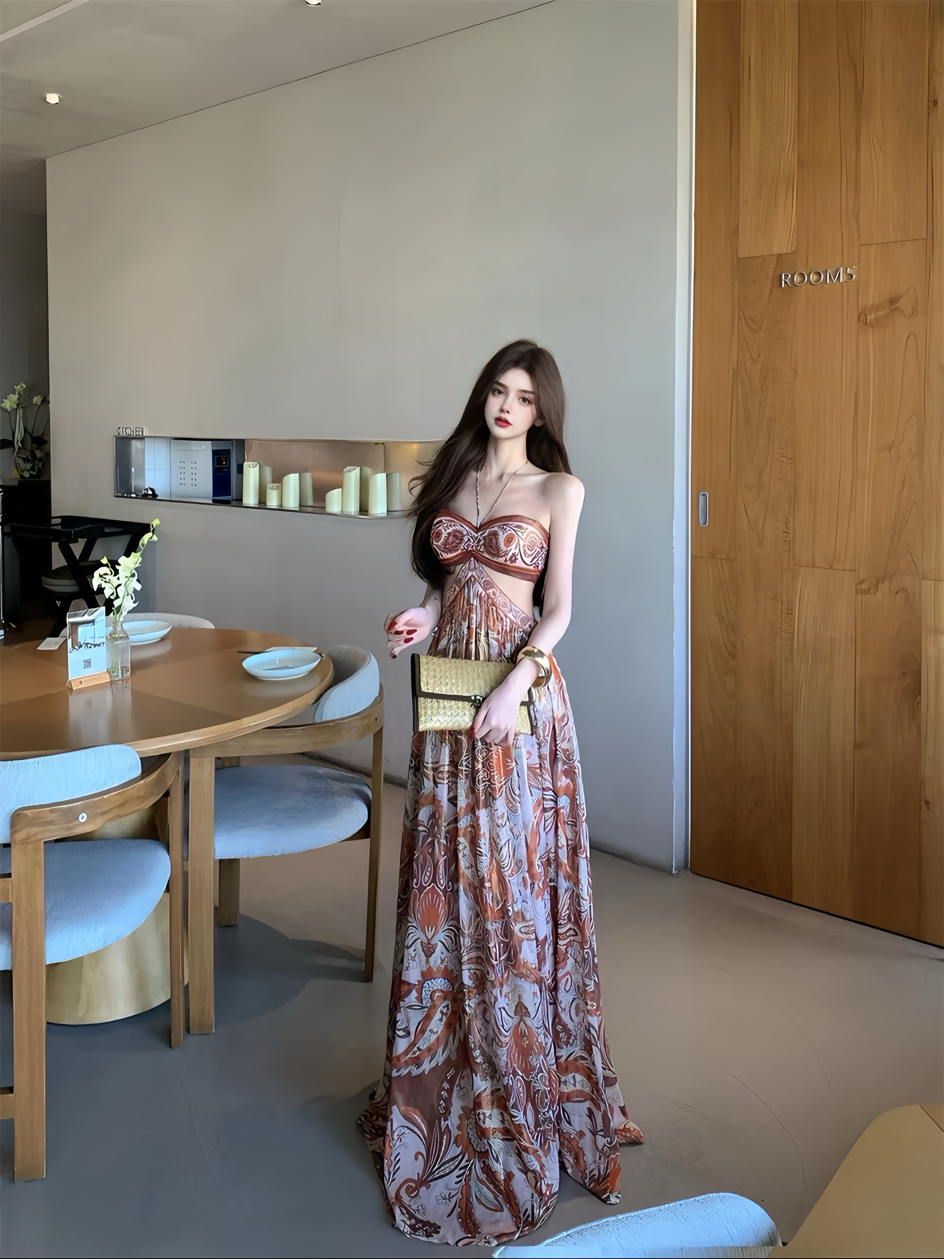 MSTO BALLET 2026早春度假风印花抹胸连衣裙女海边度假风露背长裙