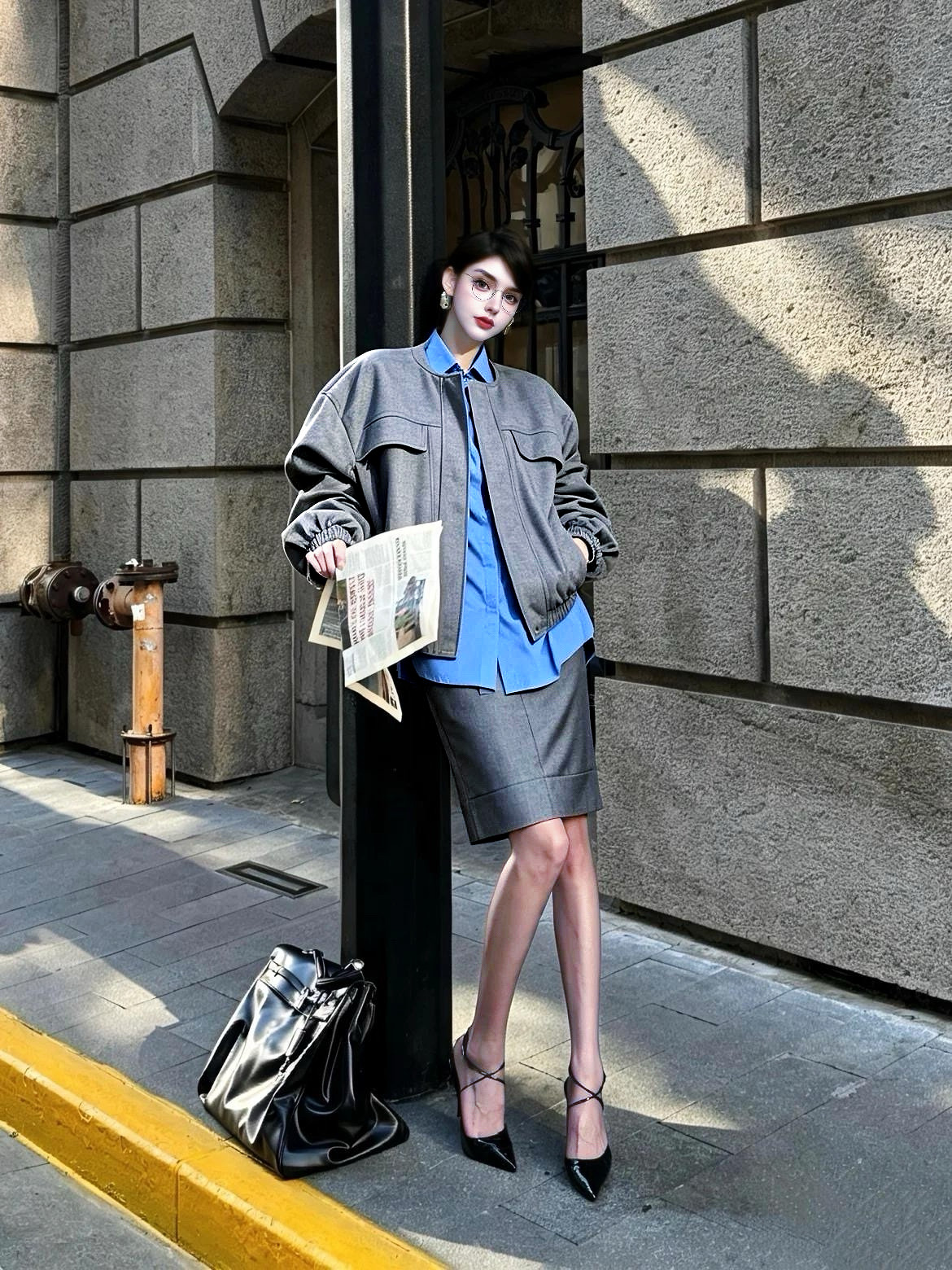 MSTO BALLET.时髦女知识分子.私服名媛感灰色棒球服夹克外套套装
