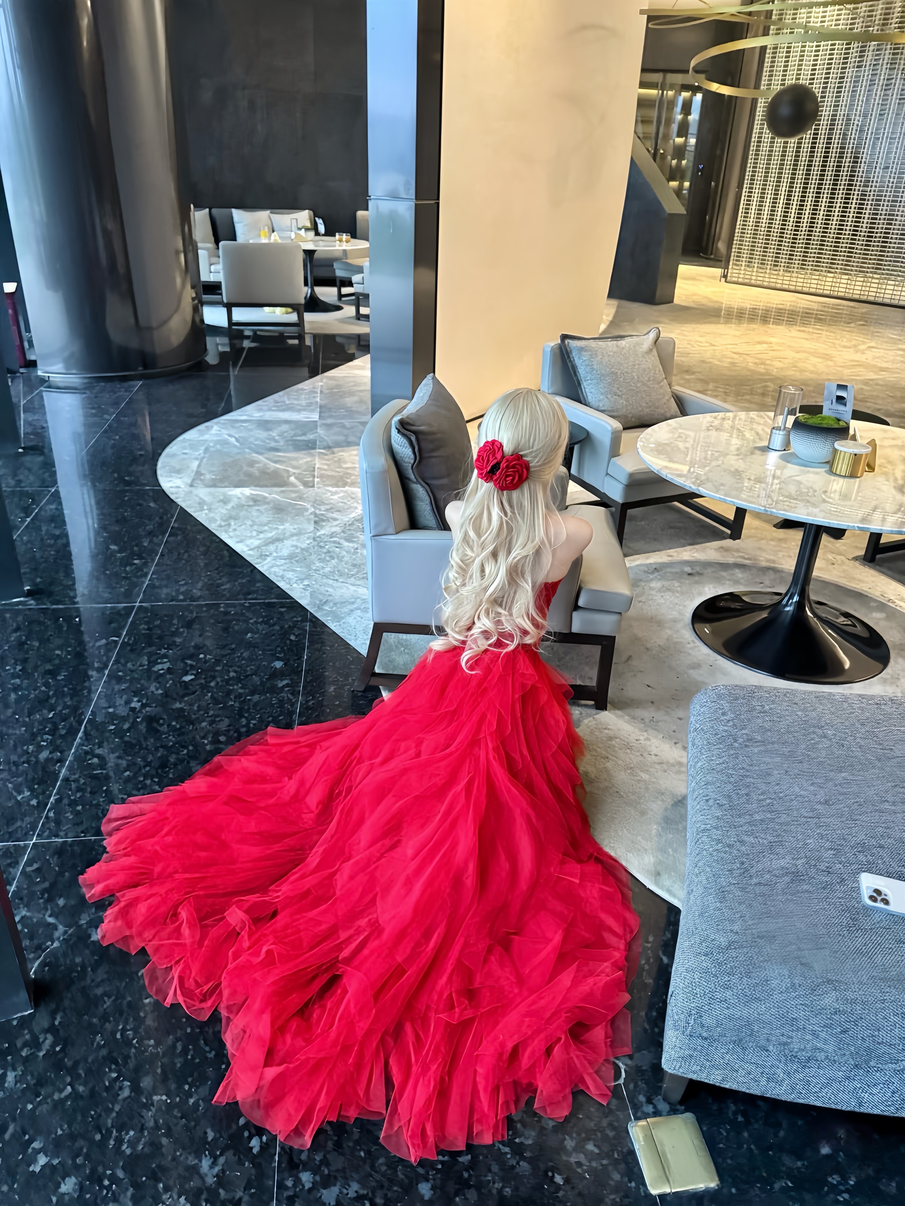 MSTO BALLET 烈焰玫瑰红色抹胸蕾丝前短后长礼服显瘦连衣裙生日裙