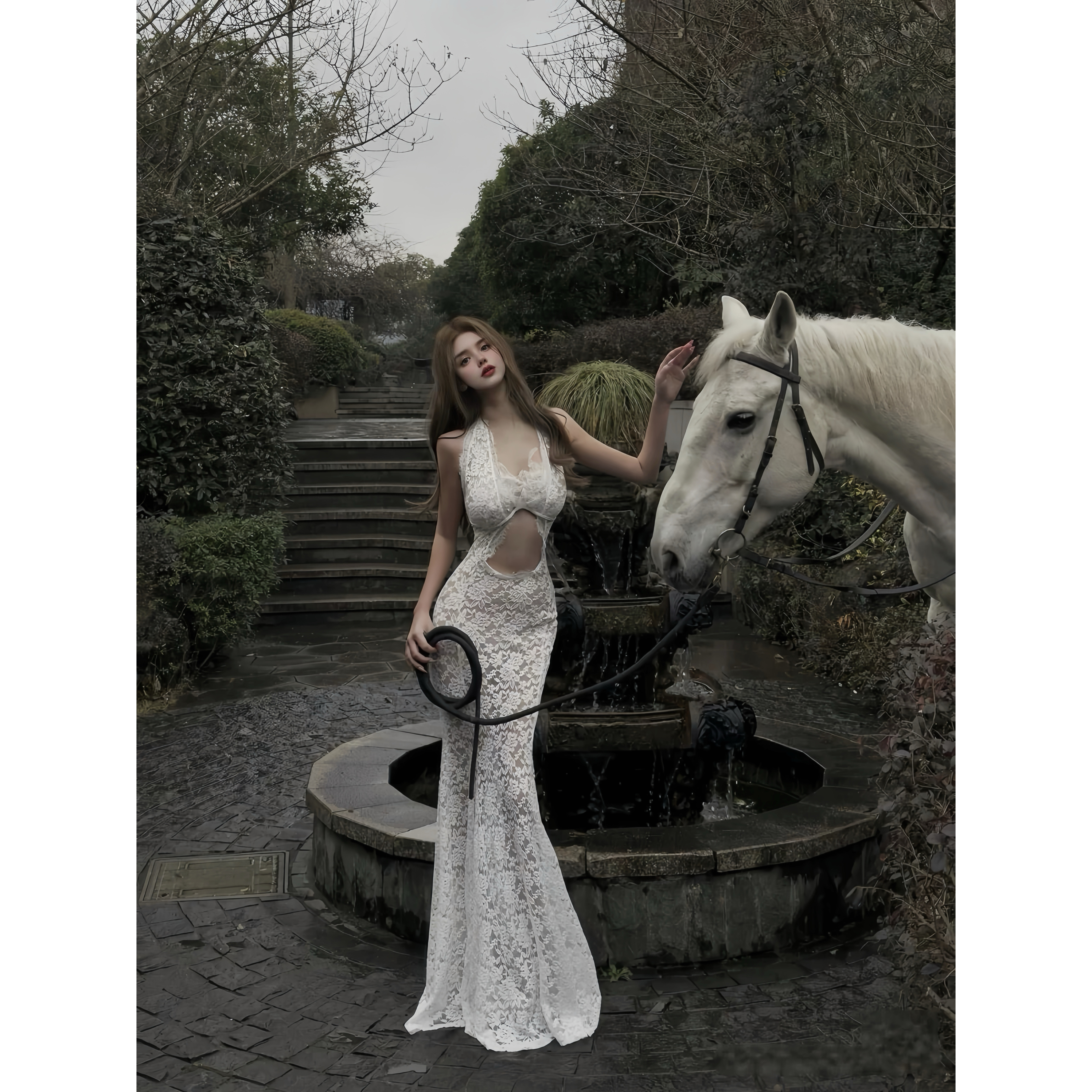 MSTO BALLET绝美度假裙生日裙深v性感鱼尾裙透视蕾丝度假风连衣裙