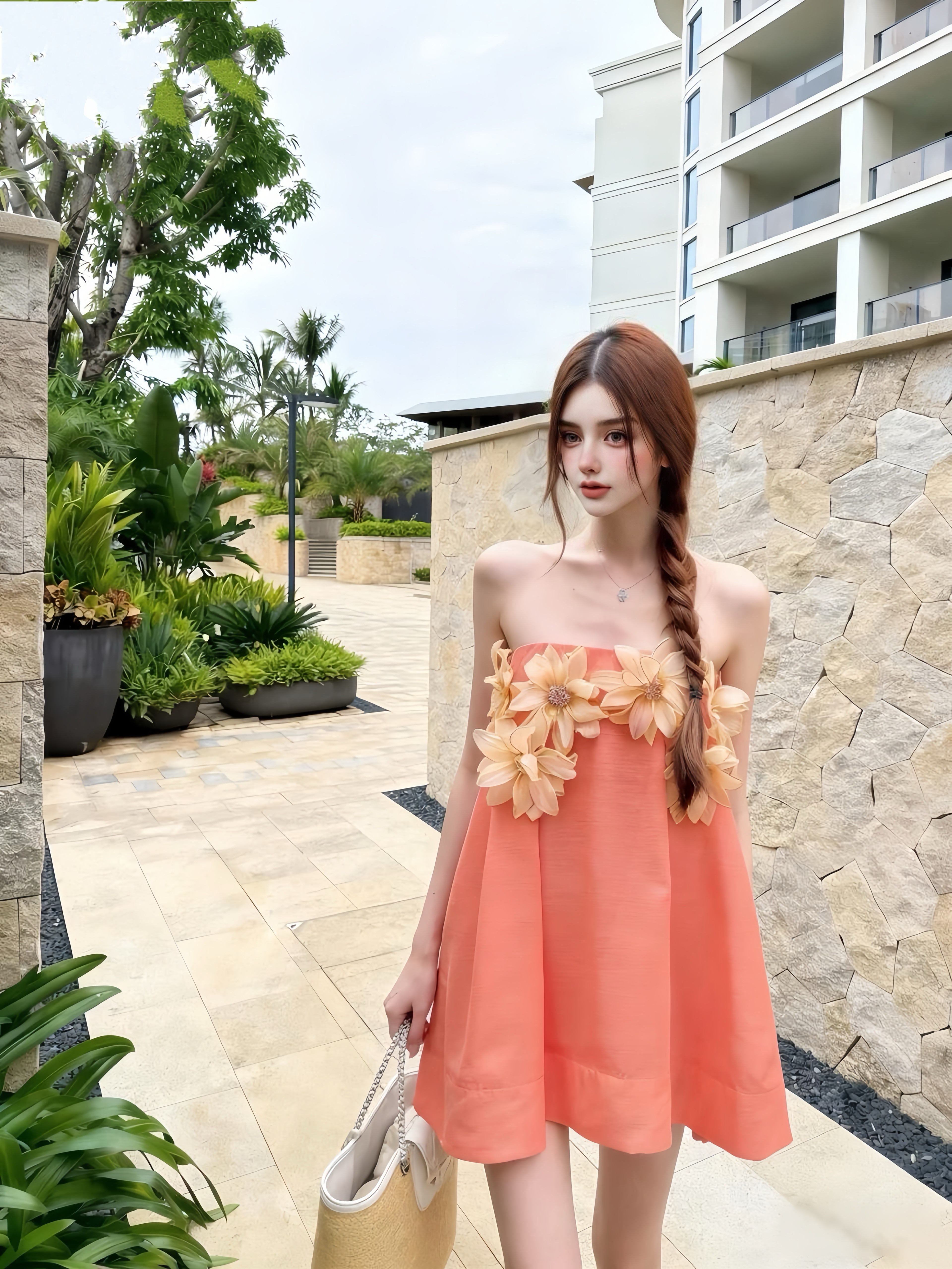 MSTO BALLET 故月惜花 复古新中式橘色抹胸立体花朵连衣裙生日裙