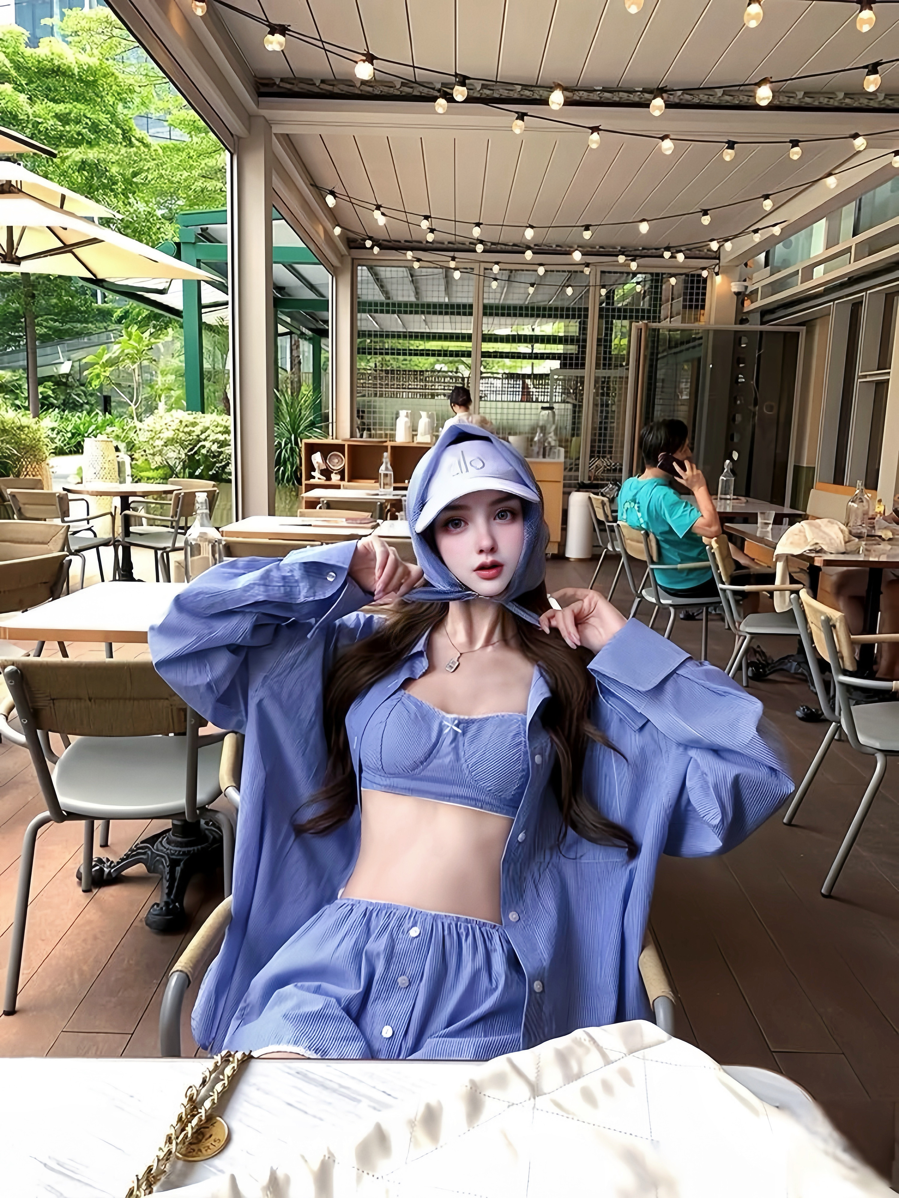 BALLET.蓝莓少女.小众法式蓝色衬衫吊带短裤休闲套装居家度假礼服