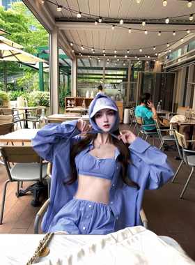 BALLET.蓝莓少女.小众法式蓝色衬衫吊带短裤休闲套装居家度假礼服