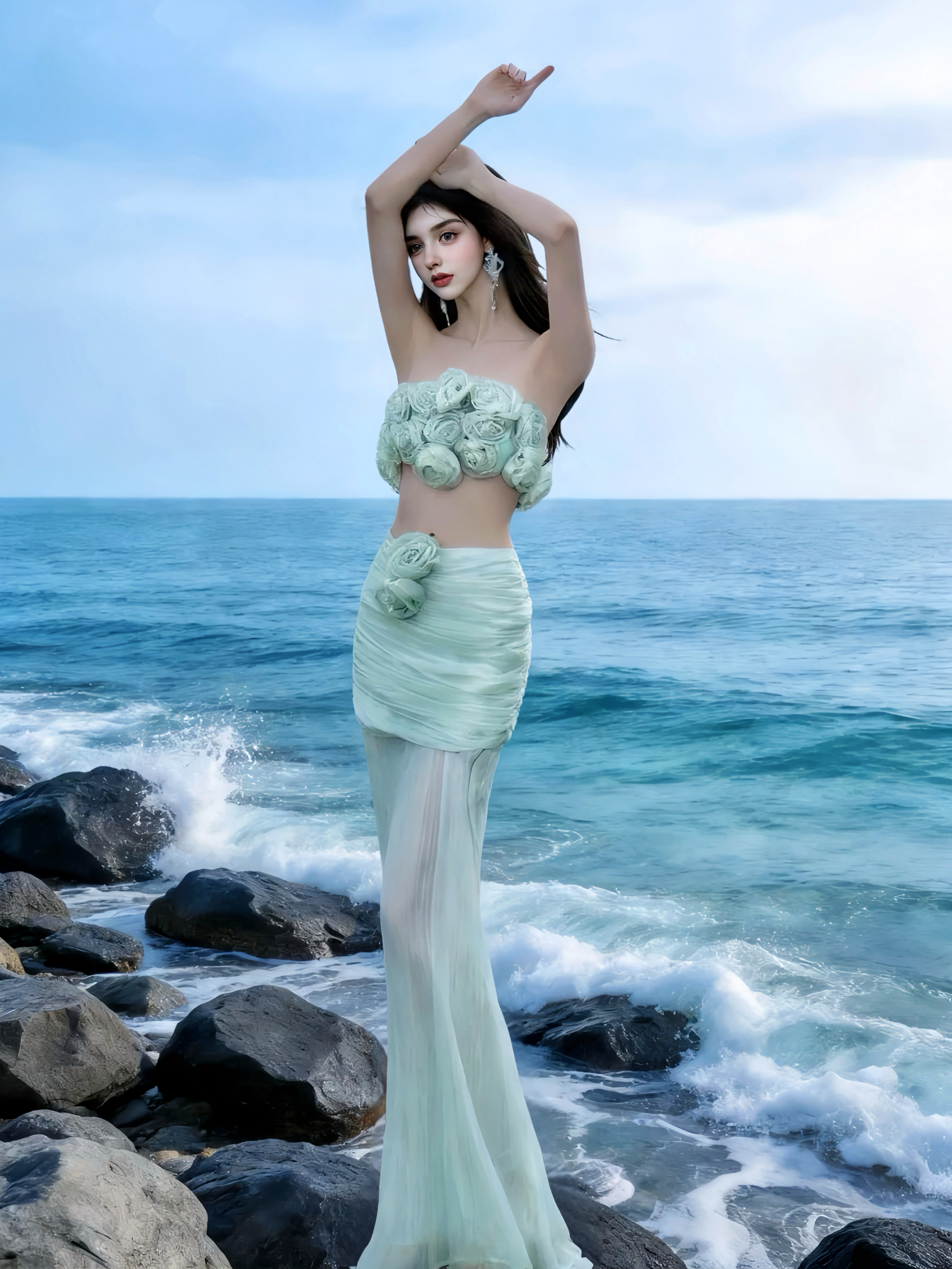 MSTO BALLET 琉璃玫瑰 薄荷立体花朵抹胸2026新款连衣裙半裙套装