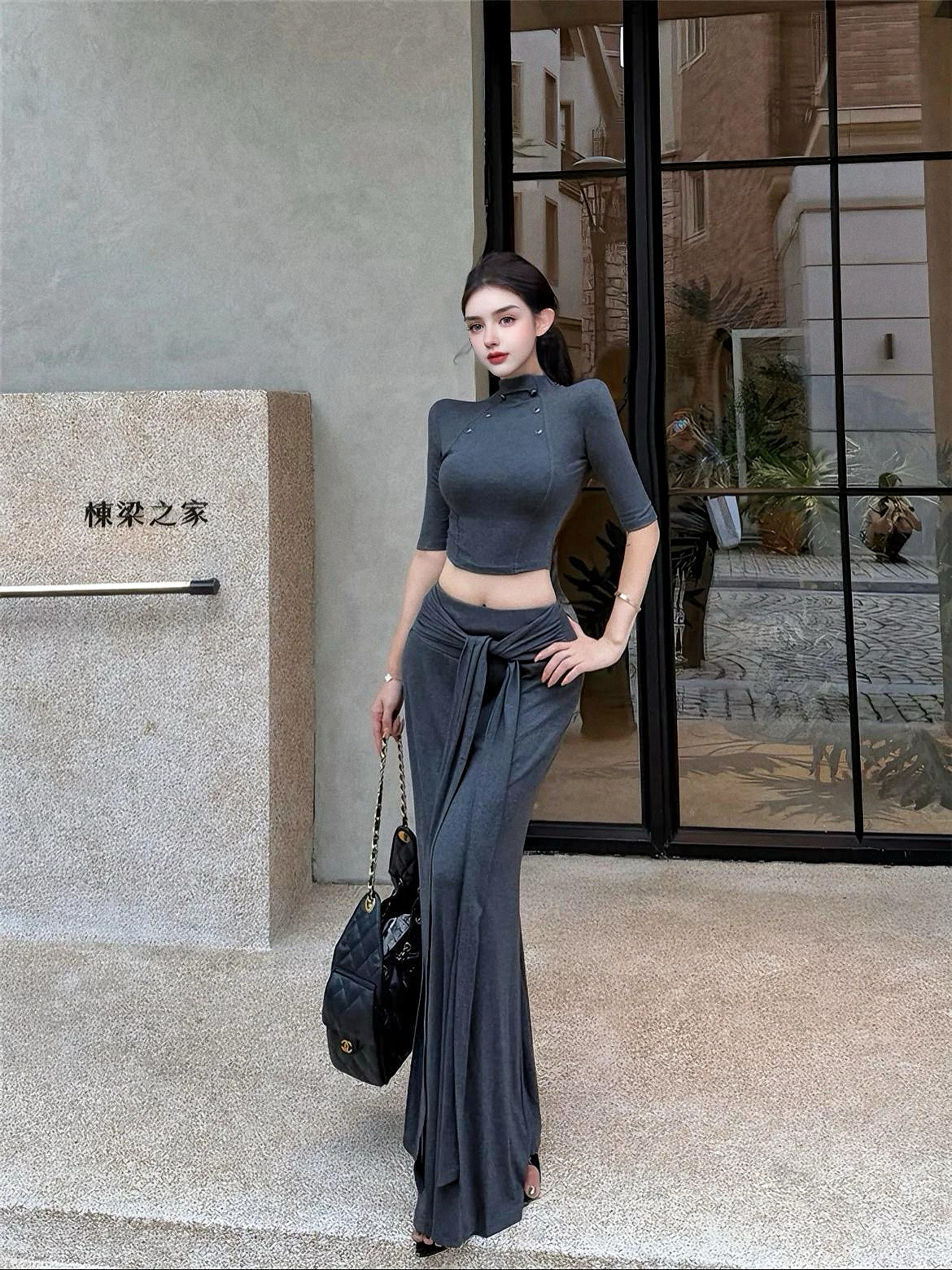 MSTO BALLET.名媛轻奢御姐灰色短袖T恤上衣+高腰显瘦微喇裤套装