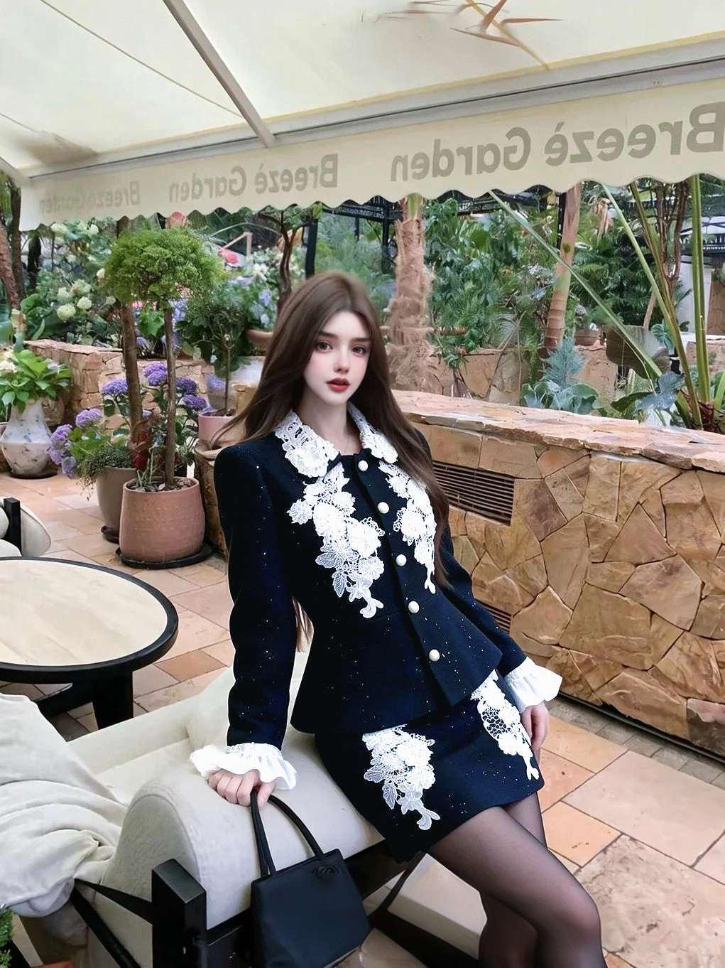 MSTO 古堡白玫瑰·富家千金小香风重工白色蕾丝刺绣显瘦套装礼服