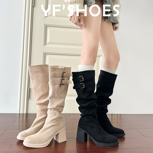 厚底粗跟堆堆靴长筒靴女2025新款 管靴 不过膝中筒高跟骑士靴扣带裤