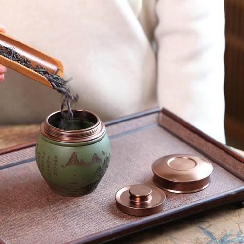 复古紫砂绿泥茶叶罐山水雕刻铜盖绿茶红茶存储密封包装盒礼盒新品