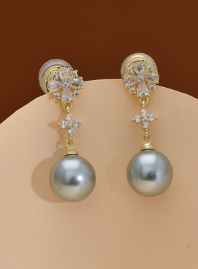 简约雪花锆石银灰色珍珠无耳洞耳夹气质奢华花朵蚊香盘耳饰女