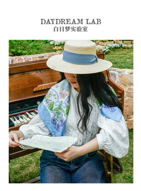 白日梦实验室｜原创插画艺术印花桑蚕丝斜纹绸真丝巾绿蓝方巾送礼