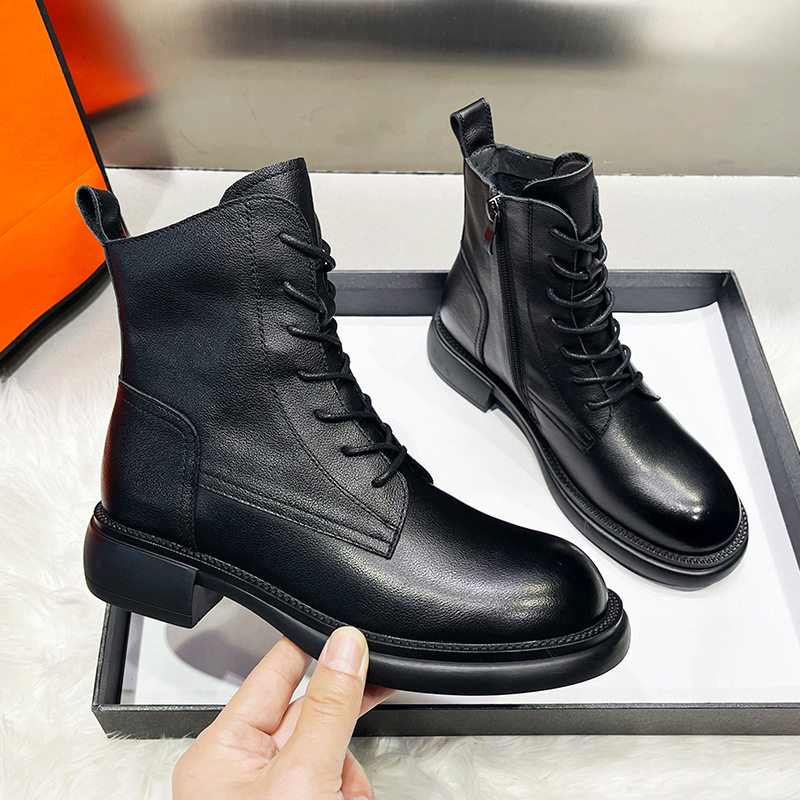 头层方头优质牛皮马丁靴女短靴新款加绒加厚百搭网红厚底瘦瘦靴