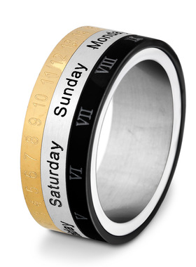 欧美钛钢个性日历可转动戒指三色英文罗马阿拉伯数字转动个性戒指