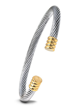 欧美跨境简约流行编织电缆线时尚18K金双色百搭手镯钛钢手环