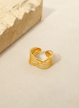 ins欧美简约几何线条开口戒指不掉色小众感镀18k金百搭手饰女