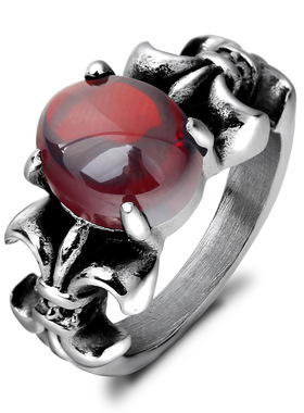 欧美网红潮流复古暗黑风石榴红玫瑰情侣戒指 潮男个性百搭戒指