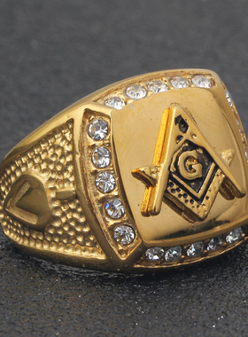 速卖通Wish 欧美Ins个性共济会Logo滴油几何四边镶钻个性时尚戒指