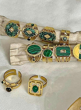 欧美网红天然石开口钛钢戒指不掉色非洲松孔雀石小众手饰跨境