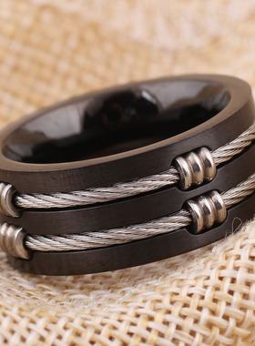 欧美潮流个性钛钢电缆绳黑色威亚戒指时尚 男士指环尾戒指环